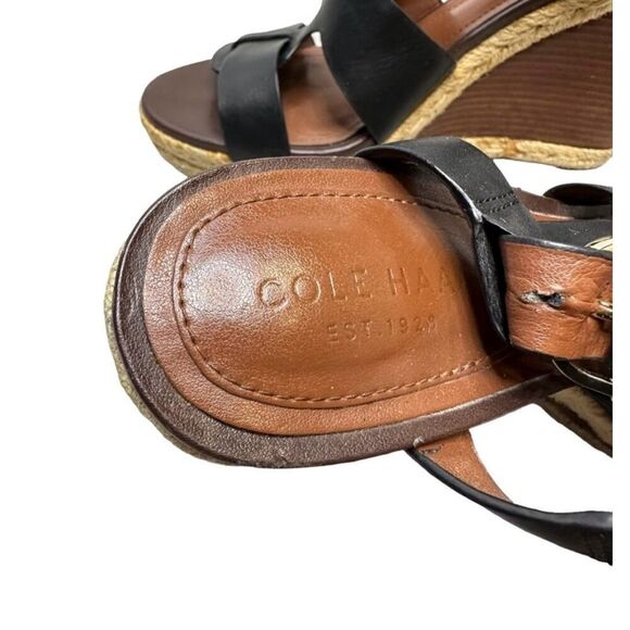 Cole Haan Strappy Black Leather Brown Wedge Slingback Sandals Women 6.5 - Picture 8 of 9